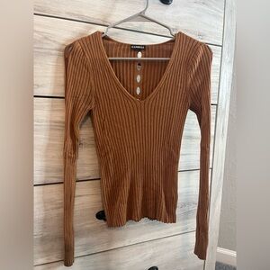 Express Women's Brown Ribbed Long Sleeve Top